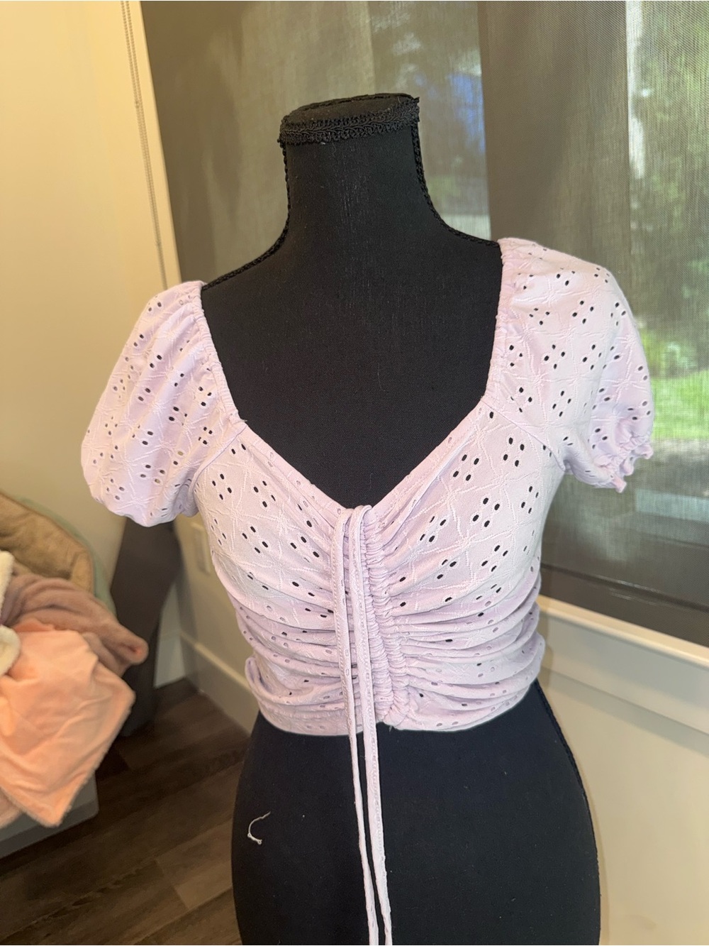 Fashion Nova Lavender Eyelet Ruched Tie-Front Crop Top